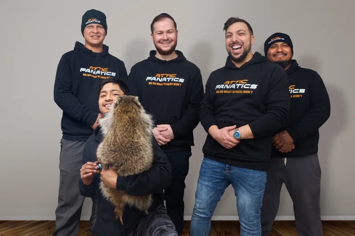 Attic Fanatics crew with a raccoon removed from an attic